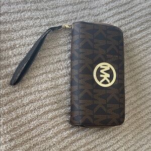Michael Kors Dark Brown and Gold Logo Wristlet